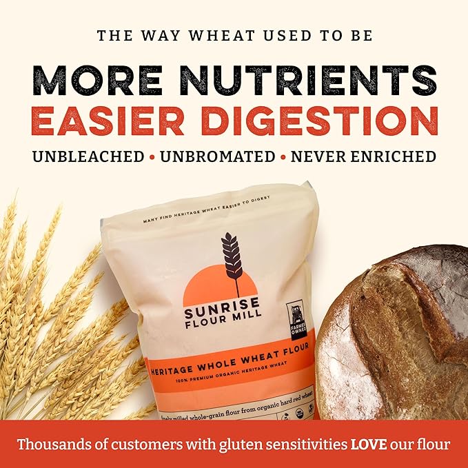 Sunrise Flour Mill Organic Heritage Whole Wheat Flour - 2 lbs, Easier to Digest with Less Bloating, No Bleaching or Bromating, Zero Additives