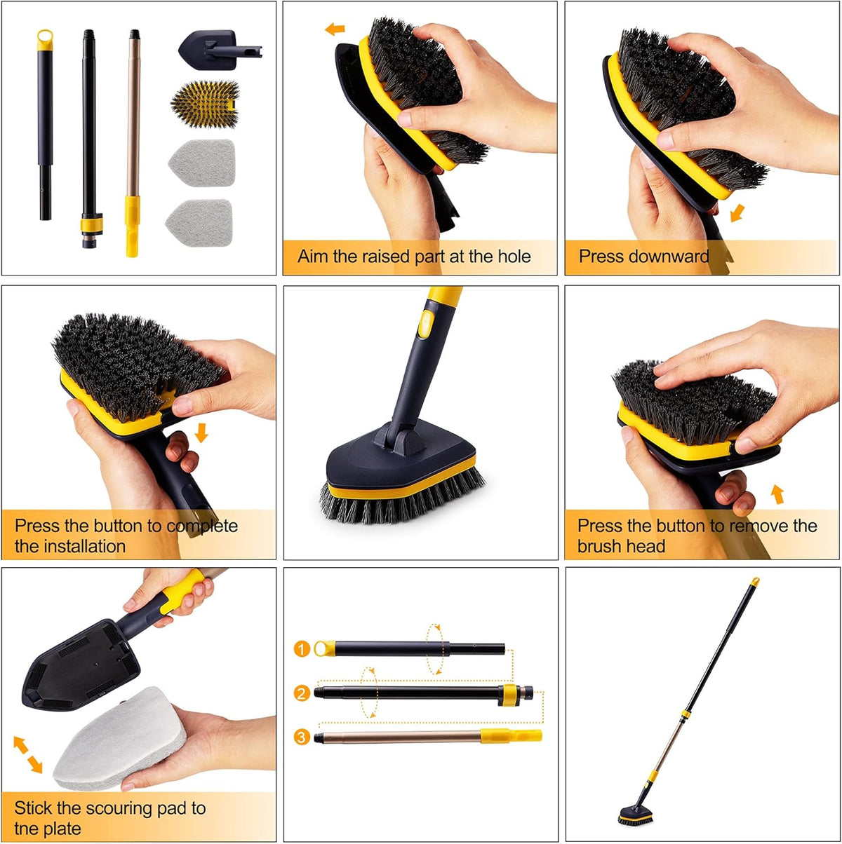 Yocada Tub Tile Scrubber Brush 2 in 1 Cleaning Brush 58.2 Inch Adjustable Telescopic Pole Stiff Bristles Scouring Pads for Cleaning Bathroom Kitchen
