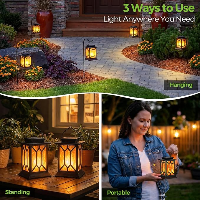 BOBKID 4 Pack Solar Lantern Outdoor Lights, Upgraded Flickering Flame Lanterns Lights Outdoor Waterproof, Hanging Lantern Decorative, Solar Powered Lighting for Yard Patio Path Tree Garden Decor