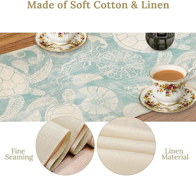 Marine Sea Turtle Table Runner, Ocean Beach Coral Starfish Seashell Table Runner for Kitchen Dining Wedding Party Banquet 13x36in