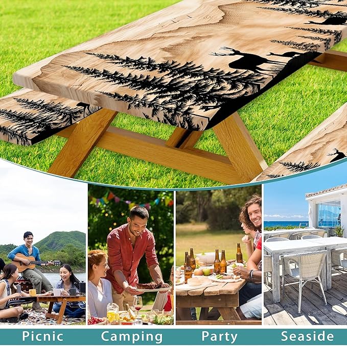 Picnic Table Cover with Bench Covers Camping Essentials Rustic Hunting Deer Forest Waterproof Windproof Camping Tablecloth Fitted Tablecloth Cover with Elastic Edge for Indoor Outdoor 3 PCS 30x96 Inch
