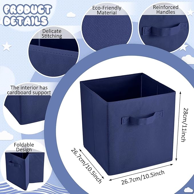 Yinder 12 Pcs Cube Storage Bin 10.5''x10.5''x11'' Storage Bins for Playroom Decor Colorful Bins for Kids Foldable Baskets for Nursery Organizer Boxes Fabric Boxes(Navy Blue, Red, Yellow)