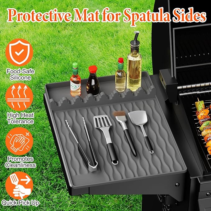 2-Pack Silicone Griddle Mat for Blackstone – Heat-Resistant Utensil Holder with Drip Tray, Non-Slip BBQ Tool Organizer for Grill, Kitchen Countertop & Outdoor Cooking Accessories（Grey&Orange）