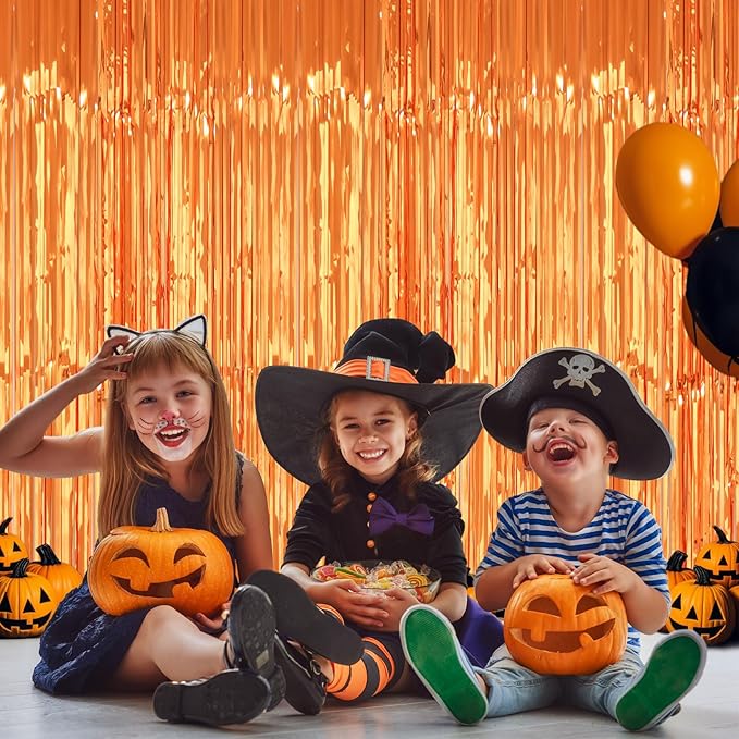 PIGETALE 2 Pack 3.2x8.2 Feet Orange Foil Fringe Backdrop Curtains, Metallic Tinsel Photo Booth Backdrop Streamers Birthday Party Decorations, Halloween Baby Shower Disco Basketball Party Supplies