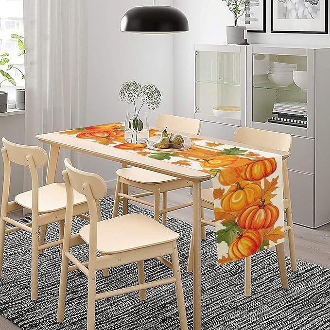 Fall Pumpkin Table Runner, Autumn Orange Maple Leaves Print Table Runner for Thanksgiving Harvest Holiday Indoor Outdoor Table Decoration, 13x90inch