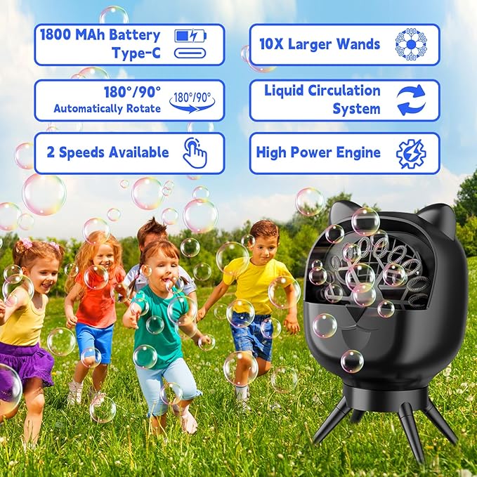 Upgraded Bubble Machine with 180°/90°Auto Rotation &1800mAh Rechargeable Battery2Hrs Playtime 500ml Large Tank Dual Speed Control & USB-C Charging Bubble Toys for Indoor Outdoor Birthday Party