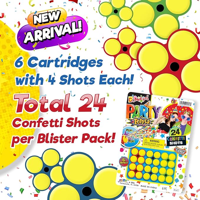 JA-RU Confetti Party Poppers Refills (6 Packs) 6 Refill Cartages 4 Shots Each. Multicolor Metallic for Confetti Gun, Party Favors. Birthday Parties & Party Supplies. Plus Sticker 956-6s