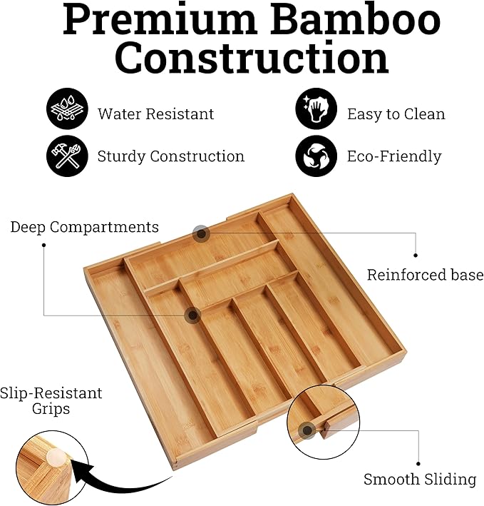 Dynamic Gear Premium Bamboo Drawer Organizer, Silverware Organizer, 100% Pure Bamboo, Adjustable Utensil Organizer, Kitchen Drawer Organizer, Silverware Tray for Drawer (6-8 slots)