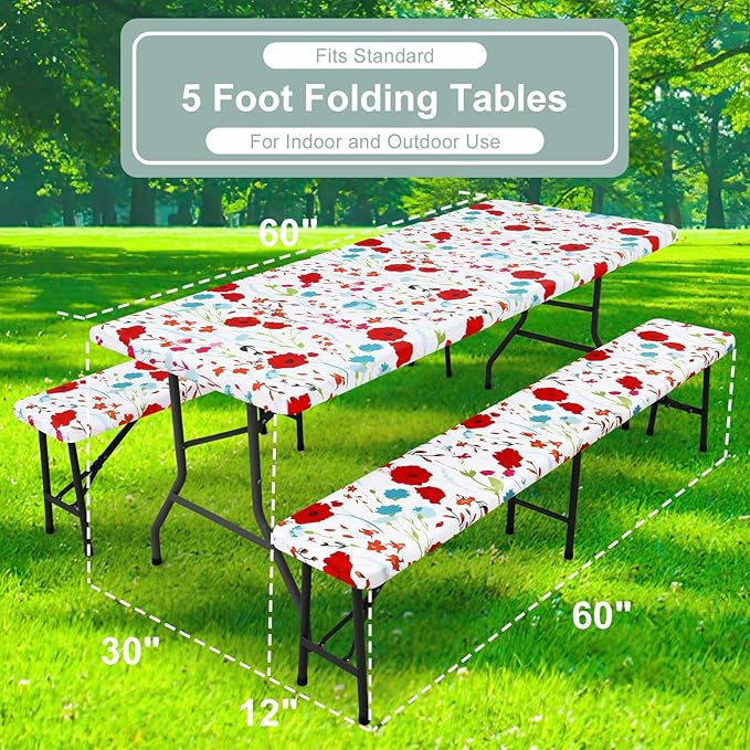 misaya Picnic Table Cover with Bench Cover, Waterproof Elastic Fitted Tablecloth for 5 Foot Tables, Rectangle Washable Polyester Fabric Tablecloths for Picnic, Camping, Outdoor (Flower, 30" x 60")
