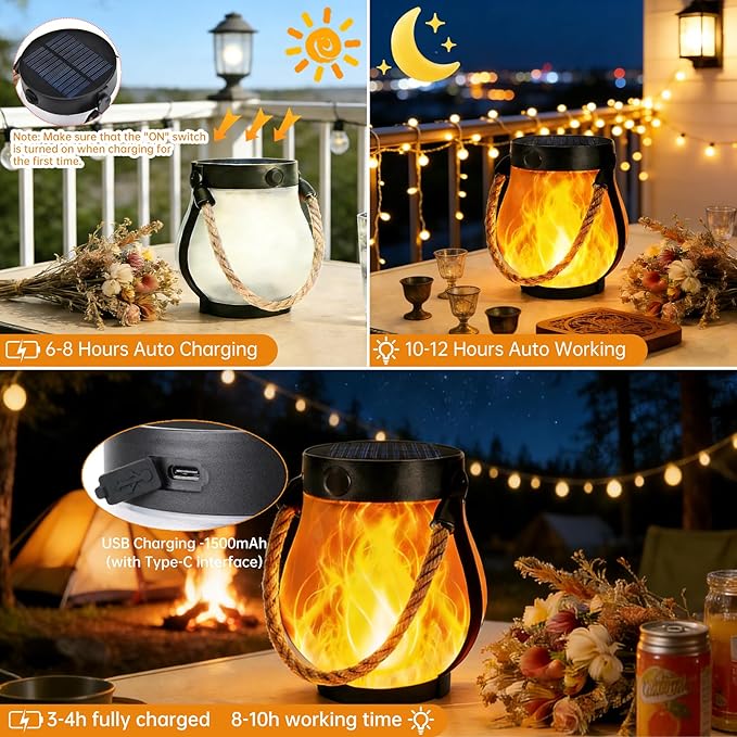 4 Pack Solar Lanterns Outdoor Waterproof, Flickering Flame Hanging Lanterns Decorative Outdoor with 2 Modes, Dual Charging USB & Solar-Powered Outdoors Lantern for Porch Yard Patio Tree Garden Decor