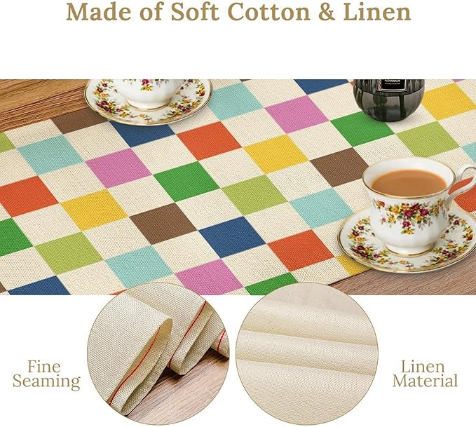 Colorful Checkered Table Runner, Vintage 60s 70s Cute Modern Geometric Table Runner for Party Kitchen Dining Home Outdoor Banquet 13x36in