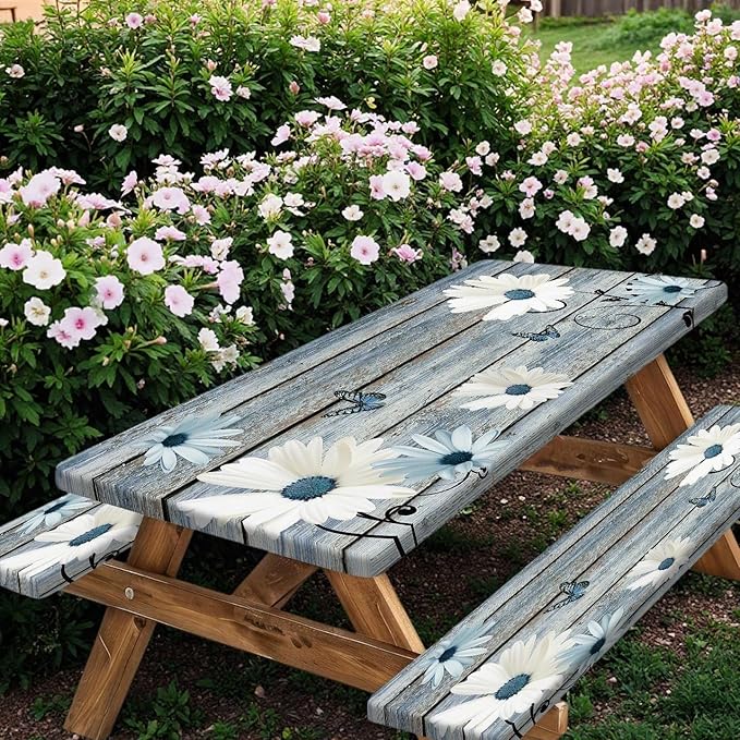 Rustic Daisy Picnic Table Cover with Bench Covers, Waterproof Farmhouse Vintage Floral on Wooden Board Blue Flower Tablecloth for Camping Indoor Outdoor Party Decorations, 30X60in