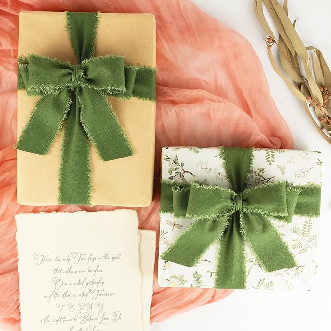 Moss Green Cotton Ribbon 1-1/2 Inch Moss Green 3 Rolls 21 Yards Frayed Edge Fabric Set for Rustic Wedding Decor, Bridal Bouquet Wrap, Woodland Theme Party, Baby Shower & Wreath Making