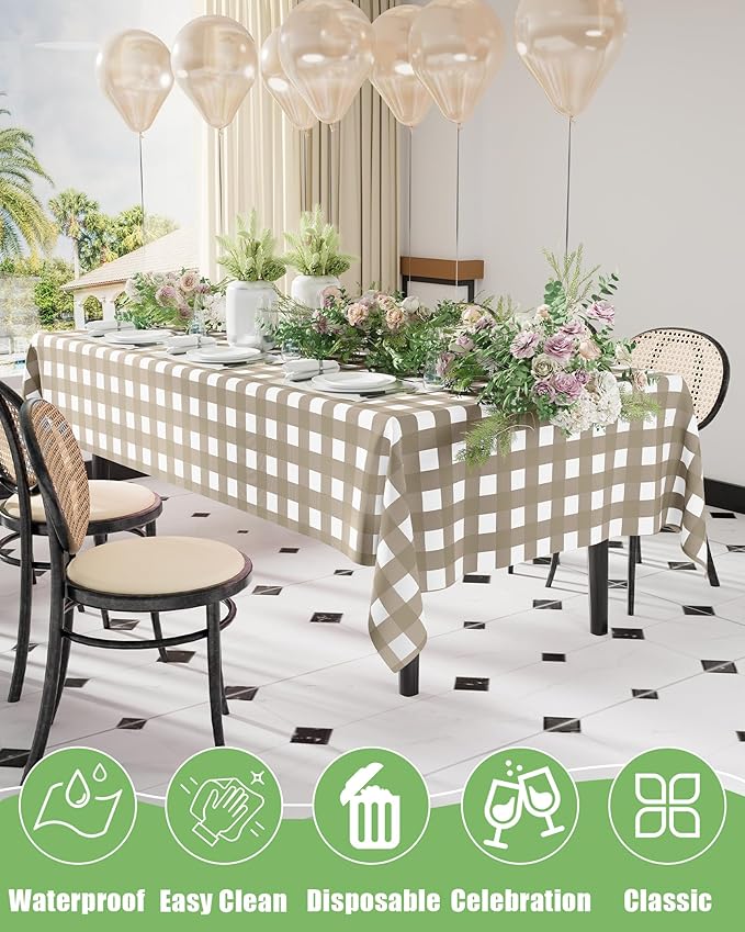 Smiry 20 Packs Gingham Disposable Table Cloth, 54 x 108 Inch Waterproof Plastic Tablecloth, Rectangle Khaki and White Checkered Table Covers for Outdoor, Picnic, Birthday, Party
