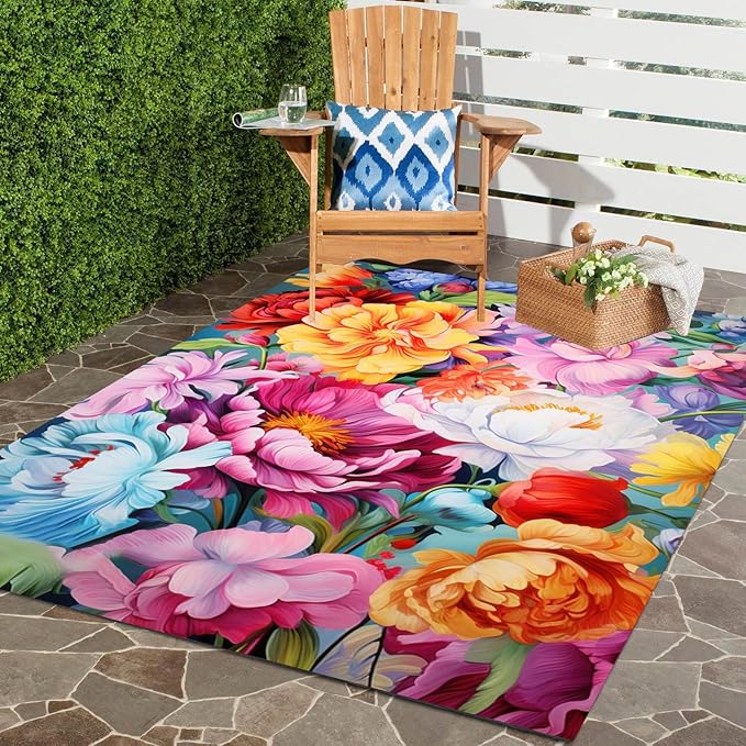 Floral Outdoor Rug Vibrant Waterproof Non Slip Patio Rugs for Balcony Garden Camping Poolside 4x6 Machine Washable Porch Deck Flower Print Outside Carpet Vintage Bathmat Orange Pink