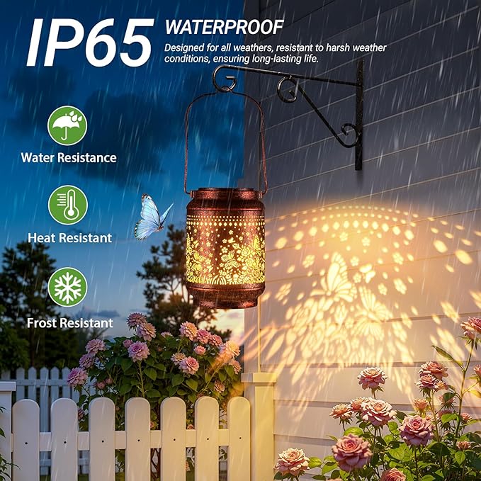 KOOPER 2 Pack Solar Lanterns Outdoor Waterproof Mothers Day Gifts for Women Mom Grandma, Metal Butterfly and Rose Hanging Solar Lantern Outdoor, 2 Modes Outdoor Decoration for Yard, Patio, Garden