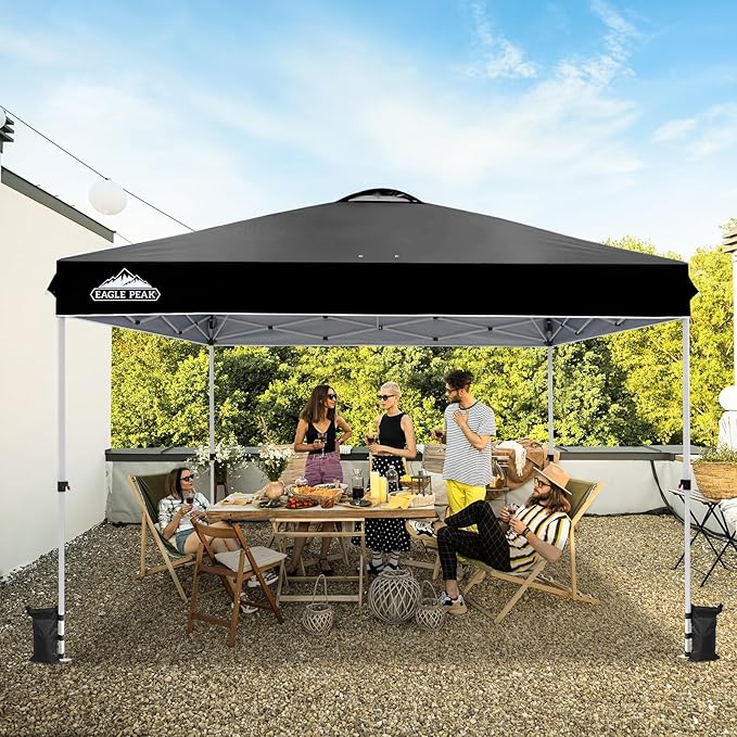 EAGLE PEAK Pop Up Canopy Tent with Wheeled Carry Bag, 8 Stakes, 4 Ropes, 4 Weight Bags, Easy Set Up Tent Canopy, 12x12 ft, 144sqft of Shade, Black