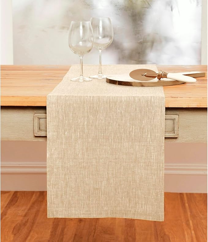 Solino Home Linen Table Runner 144 Inches Long - Athena, 100% Pure Linen Champagne Beige 14 x 144 Inch Table Runner for Dining, Spring, Easter