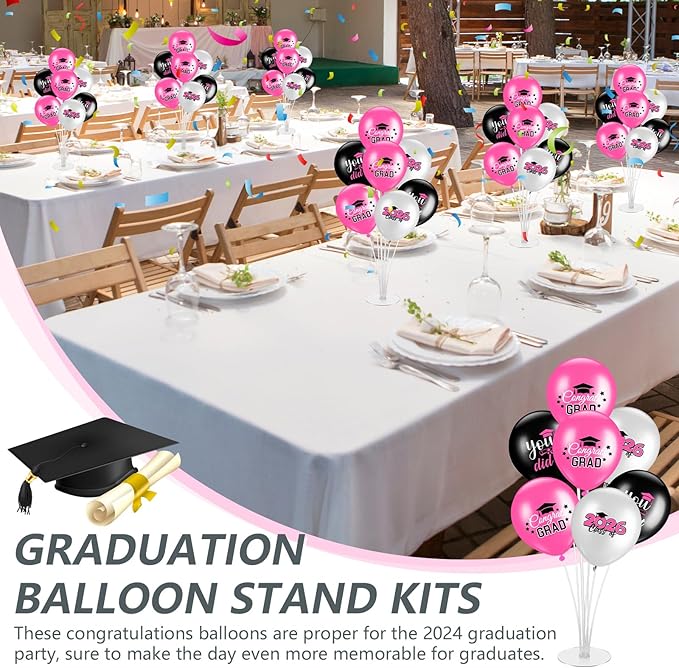 4 Set Graduation Party Balloon Stand Kits for Table Centerpieces Balloon Tables Holders with Congrats 2026 Graduation Party Decorations for School College Photo Props(Pink)