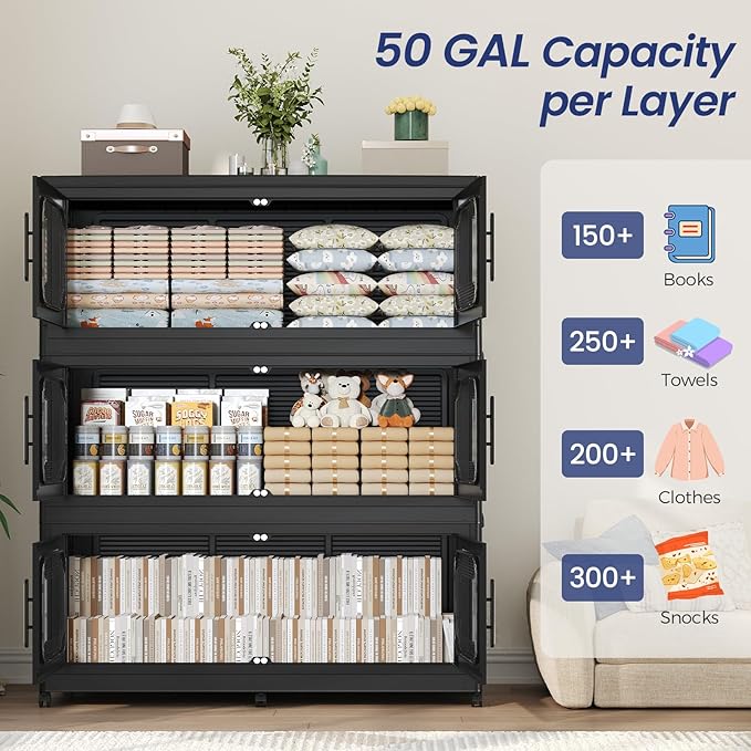 200GAL Extra Large Storage Bins with Lid, 800QT Storage Bins with Wheels, Folding Closet Organizer, Stackable Collapsible Plastic Storage Containers for Home, Office, Kitchen, 4Pack Black