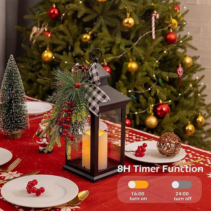 Christmas Decorative Lantern with LED Candle – Black Lantern with Pinecones, Black Bow – Battery Operated Christmas Table Centerpiece for Indoor Decor(1pack)