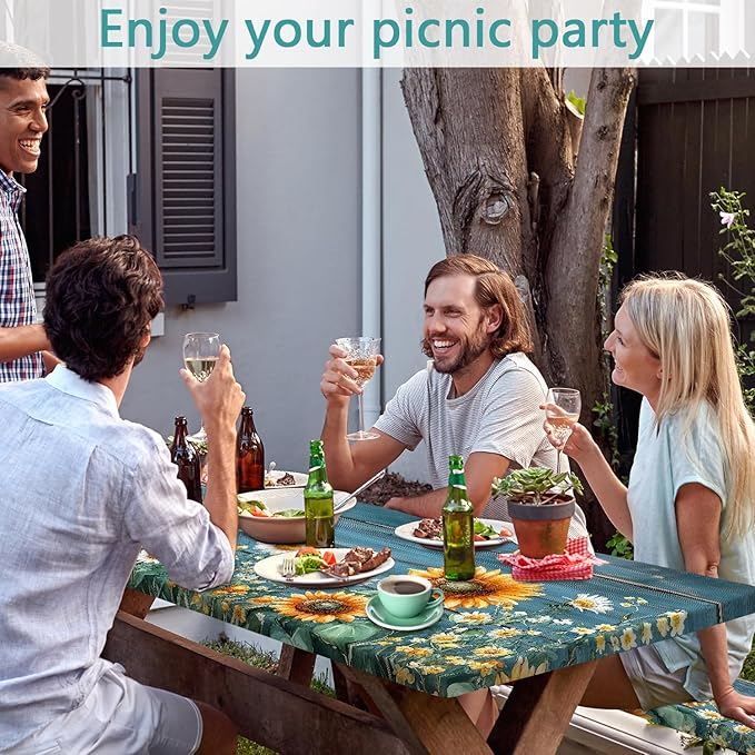 Picnic Table Cover with Bench Covers, Waterproof Elastic Fitted Tablecloths for 6 Foot Rectangle Tables, Outdoor Washable Sunflower Wooden Tablecloth for Camping 30X72in
