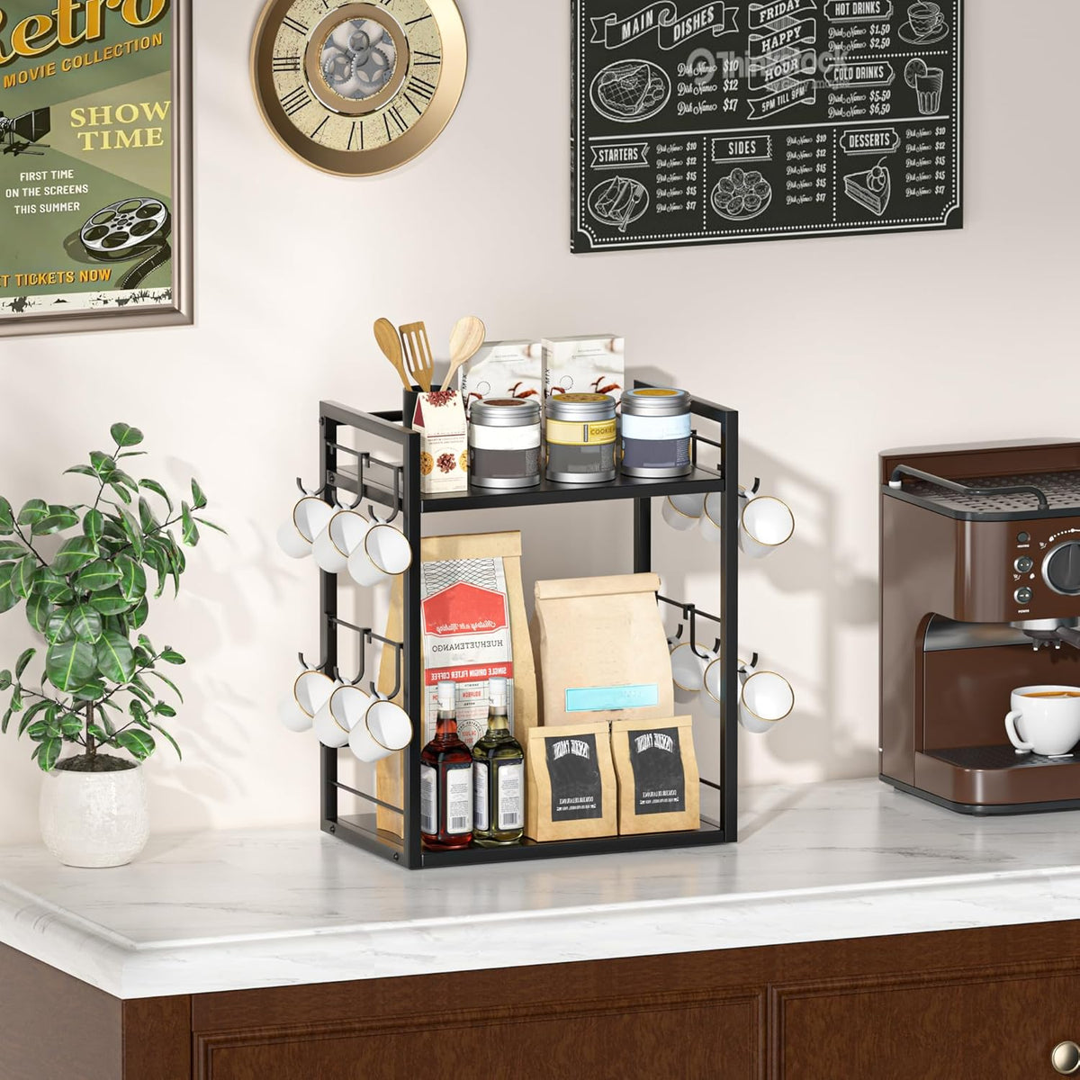 Dorhors 2 Tier Coffee Bar Accessories and Organizer,Multi-functional Mug Holder with 12 Hooks,Wood Coffee Station Organizer