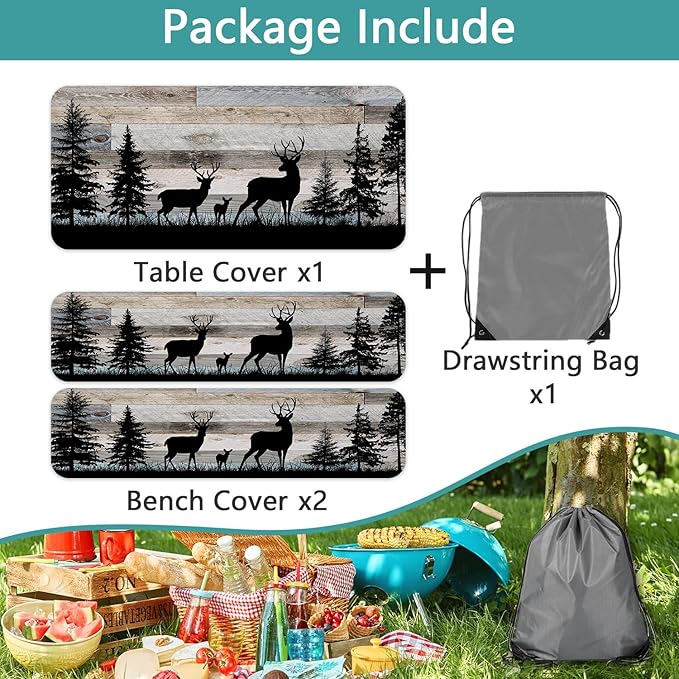 Forest Deer Picnic Table Cover with Bench Covers and Bag, Camping Essentials, Waterproof Windproof, Fitted Tablecloth Cover with Elastic Edge, for Indoor & Outdoor, Garden, 3 PCS, 30x60 Inch