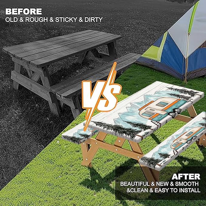 Happy Campers Picnic Table Cover with Bench Covers, RV Camping Tablecloth Fitted Picnic Table Covers, Pine Forest Country Wooden for Rectangle Tables Family Garden Outdoor Party Decorations, 30X72in