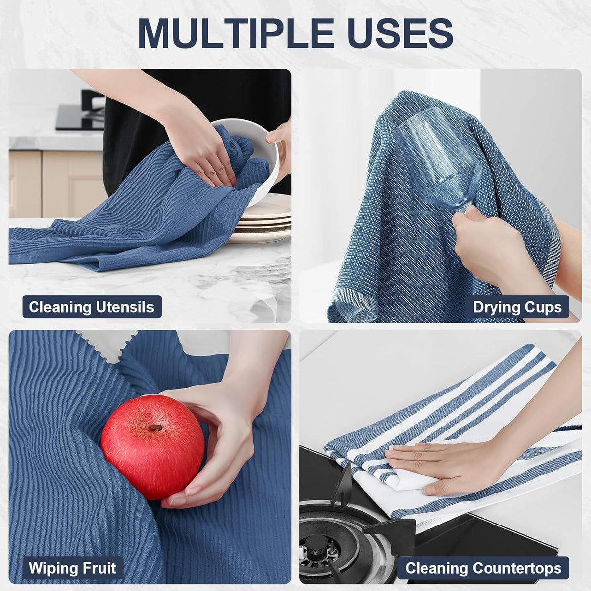 Homaxy Premium Kitchen Towels(18”x 28”, 6 Pack), Large Cotton 380 GSM Kitchen Hand Towels, Soft and Absorbent Terry Dish Towels, Multipurpose Tea Towel Set with Hanging Loop, Navy Blue