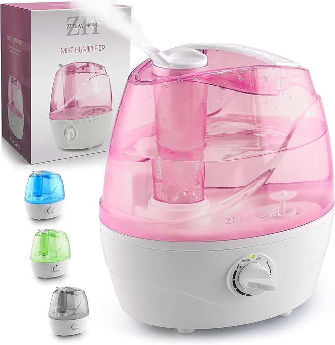 Zulay Home Cool Mist Humidifiers For Bedroom (2.2L Water Tank) - Quiet Ultrasonic Humidifiers For Large Room with Auto Shutoff Feature - Air Humidifier For Plants, Nursery, Kids Room (Pink)