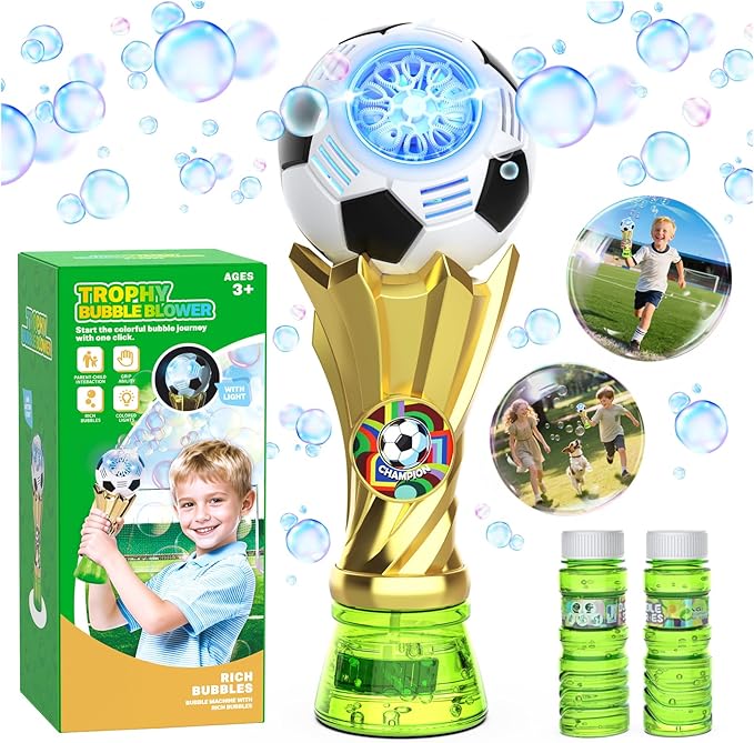 Bubble Machine - Bubble Wand for Kids Ages 3+, Light up Bubble Wand with 2 Bubble Solutions, Soccer Bubble Blower for Toddlers, Outdoor Bubble Toys for Boys, Birthday Gifts for Boys & Girls
