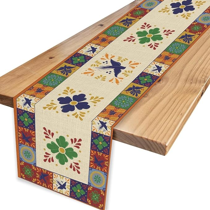 Mexican Table Runner, Orange Floral Birds Mexico Talavera Ceramic Dia De Los Muertos Coffee Table Center Decor for Family Home Kitchen and Dining Farmhouse Indoor Outdoor Table Decorations, 13" X 72"
