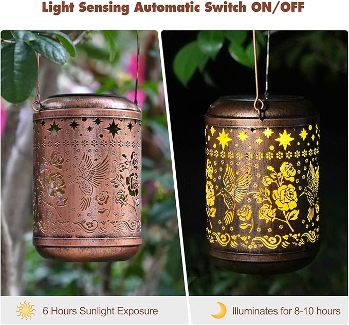 2 Pack Solar Garden Decor Metal Lantern Hummingbird Table Lamp Bronze Outdoor Dercoration Great Gift for Women Mon Grandma Hanging Lights for Patio Courtyard Garden