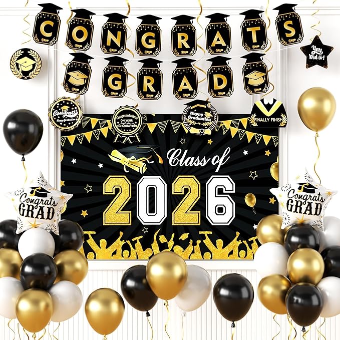 Black Gold Graduation Decorations 2026, Graduation Party Decorations Set with Class of 2026 Backdrop Congrats Grad Banner Foil Star Balloon Grad Balloon Hanging Streamers Kit for High School College