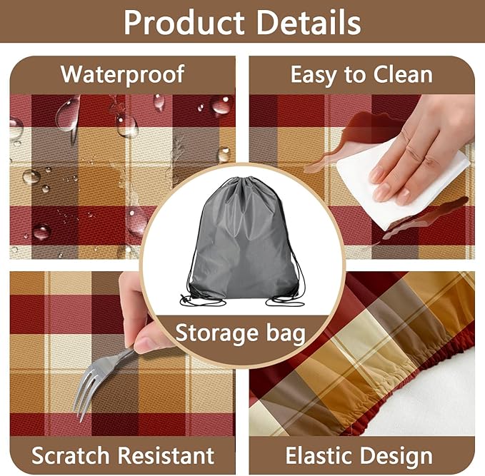 Checkered Style Picnic Table Cover with Bench Covers, Camping Essentials, Plaid Waterproof Windproof, Fitted Tablecloth Cover with Elastic Edge, for Indoor, Outdoor, 3 PCS, 30x72 Inch