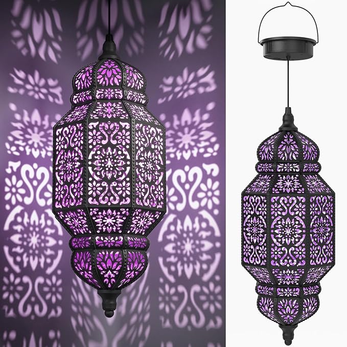 18 Inch High Large Hanging Solar Lights Outdoor Garden Decor, Decorative Waterproof Plastic Moroccan Solar Lantern Lamp, Outside Decorations for Patio Yard Porch Decor, Gardening Gifts for Women Mom