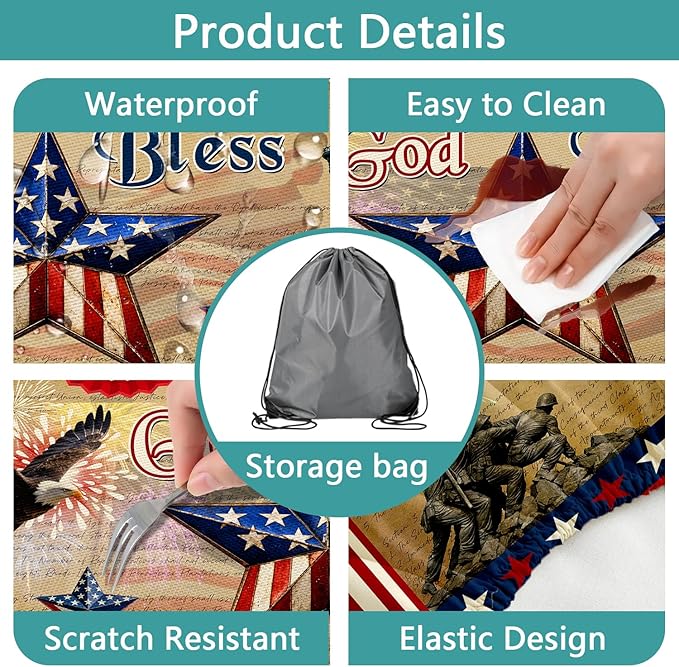 JAWO Patriotic 4th of July Picnic Table Cover with Bench Covers, Waterproof American Flag Eagle Tablecloth with Elastic Edge, Lightweight Camping Essentials for Rectangle Tables with Carrying Bag,96in