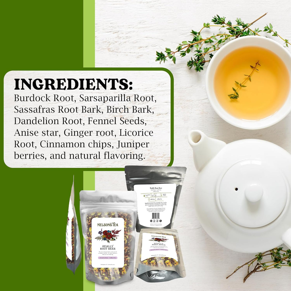 Nelson's Tea Really Root Beer - Sarsaparilla Root Herbal Loose Leaf Tea; Blend of Flavors like Sarsaparilla, Sassafras Burdock, and More! - 2 oz