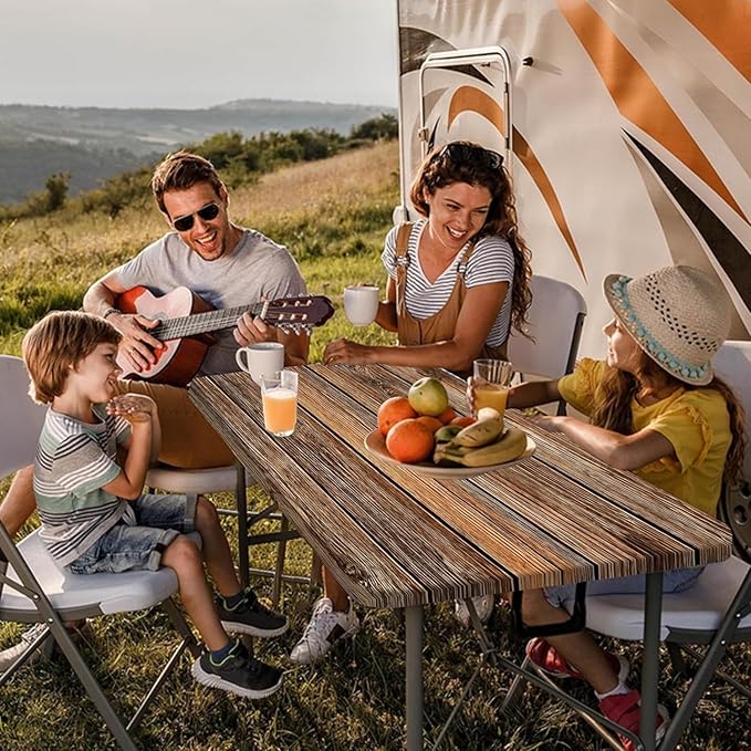 Farmhouse Picnic Table Cover with Bench Covers Camping Essentials Brown Wood Grain Waterproof Windproof Camping Tablecloth Fitted Tablecloth Cover with Elastic Edge for Indoor Outdoor 3 PCS 30x60 Inch