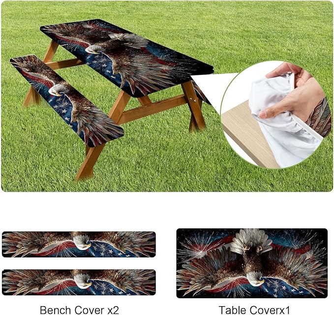 ANNA QUEEN Eagle Flag Independence Day Picnic Table Cover 6FT with Bench Covers Picnic Table Cover Set 3PCS 72"x30", Outdoor Bench and Tablecloth Furniture Protection