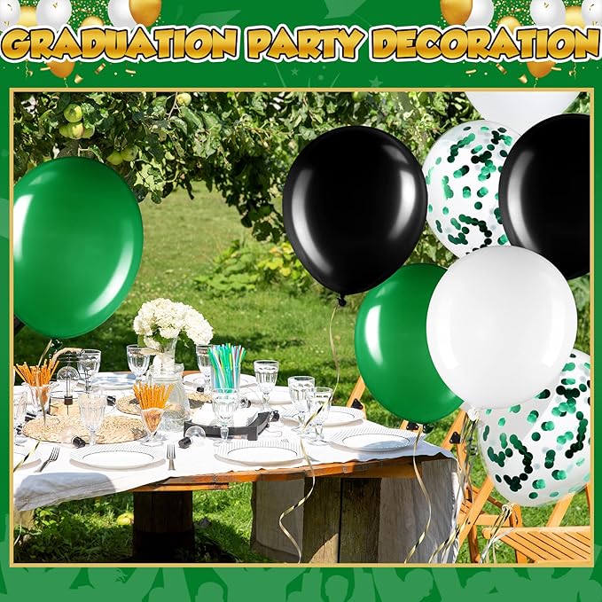 Sratte 60 Pcs 12 Inch Black Green White Balloons Kit Graduation Decorations Confetti Latex Metallic Balloons with 2 Rolls Ribbon Party Favor for Memorial Day Birthdays