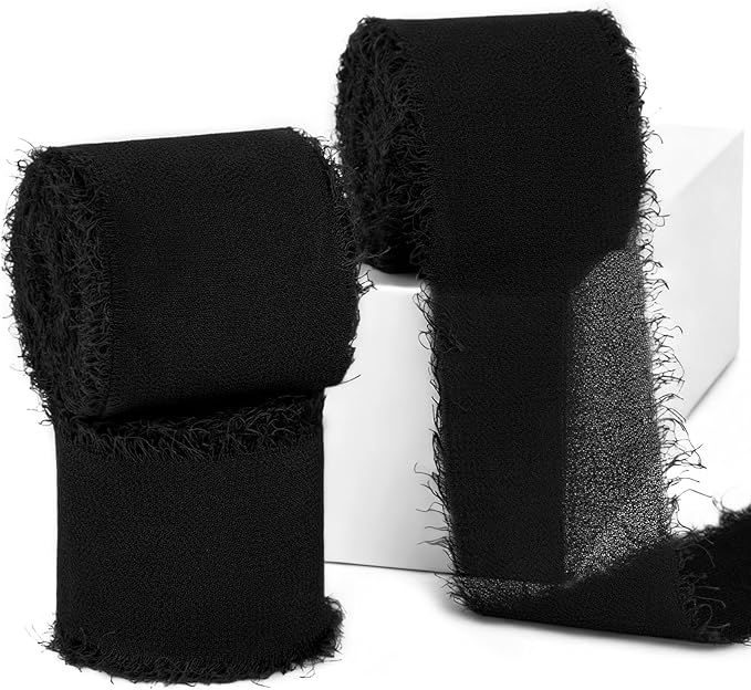 Black Chiffon Ribbon 1.5" x 21 Yd Handmade Fringe Silk Chiffon Fabric Ribbon for Gift Wrapping Wedding Invitation Bridal Flower Bouquet DIY Crafts Home Decor