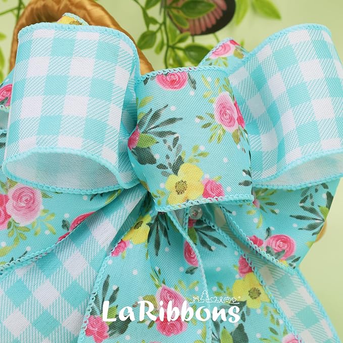 LaRibbons Blue Floral Ribbon Wired 2 Rolls 2.5 Inch x 20 Yards TTL, Rose Flower and Buffalo Plaid Burlap Ribbon for Spring Summer Crafts Gift Wrapping Wreath Bow Basket Decoration