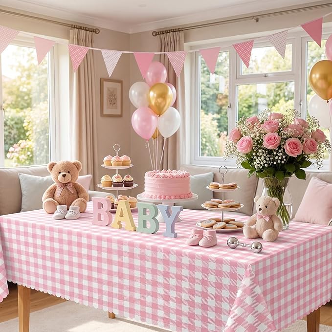 NatNarr 3 Pack Pink Gingham Tablecloths, 54 X 108Inch Scalloped Pink and White Checkered Table Cloth, Disposable Party Table Covers for Wedding Picnic Birthday Baby Bridal Shower Anniversay