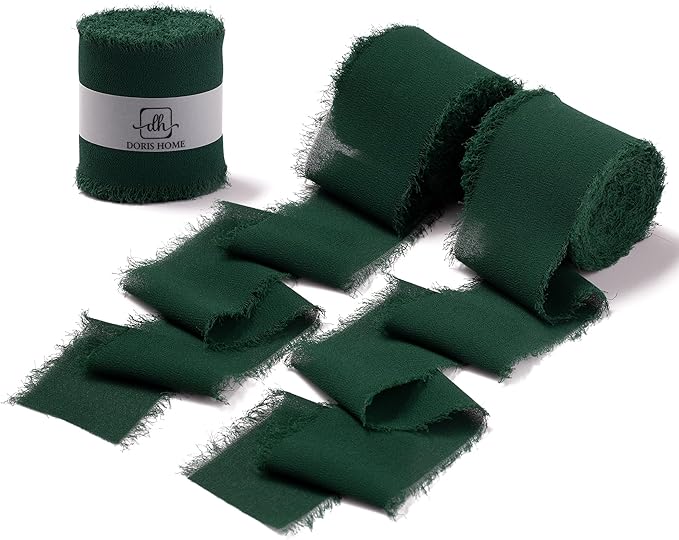 DORIS HOME Dark Green Chiffon Ribbon for Flower Bouquet, 2" x21Yd Fabric Ribbon for Gift Wrapping, Handmade Frayed Ribbon for Wedding/Christmas Decorations