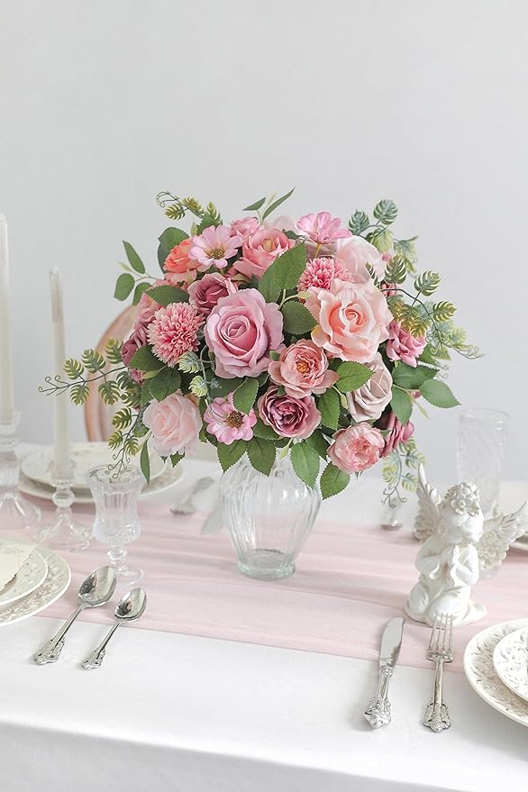 Artificial Flowers Combo Dusty Pink Silk Fake Flower for DIY Wedding Bridal Bouquets Floral Arrangement Birthday Cake Table Centerpieces Baby Shower Graduation Ceremony Party Home Decor