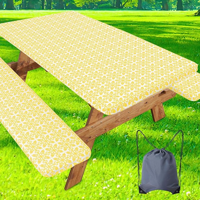 misaya Picnic Table Cover with Bench Cover, Waterproof Elastic Fitted Tablecloth for 6 Foot Tables, Rectangle Washable Polyester Tablecloths for Picnic, Camping, Outdoor (Yellow, 30" x 72")
