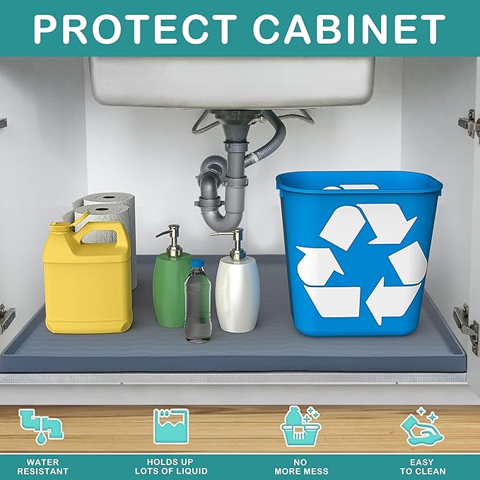 URMONA Waterproof Silicone Under Sink Mat 37'' x 22'' Shelf Liner for Kitchen and Bathroom, Cabinet and Counter Protector, Storage and Organizers, Litter Mat, Pet Cat Puppy Essentials(Brown)