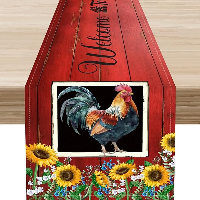 Rooster Table Runner, Farmhouse Vintage Chicken Wooden Sunflower Floral Cow Pig Red Coffee Table Center Decor for Family Kitchen and Dining Room Outdoor Country Party Table Decorations, 13"x72"